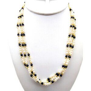 Neutral Seed Bead Torsade Necklace, Black and White Vintage Strands, Multi Stran